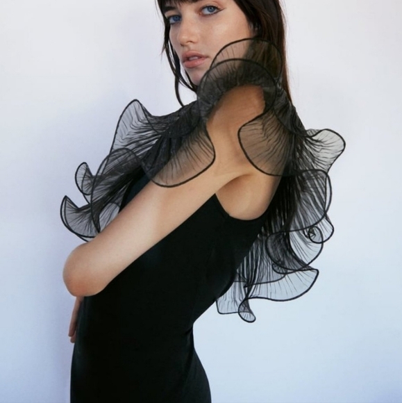 New Zara Organza Asymmetric Blogger Fave Black Mini Dress NWT Size Medium - Picture 4 of 17